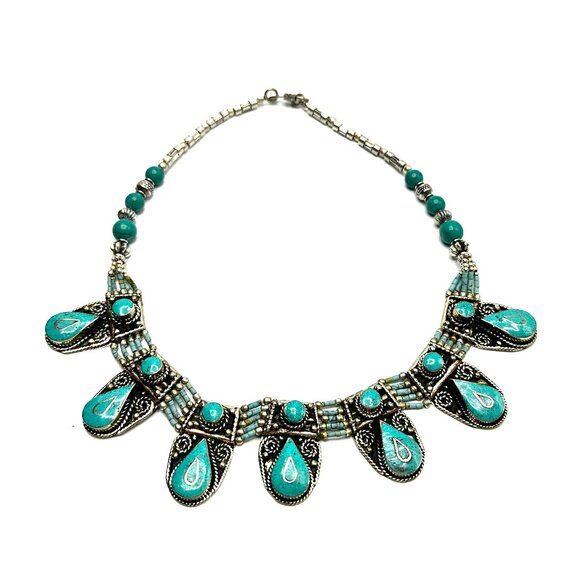 Vintage Tibetan Silver & Turquoise Statement Necklace—Multi-Teardrop Pendant EUC - Picture 2 of 10